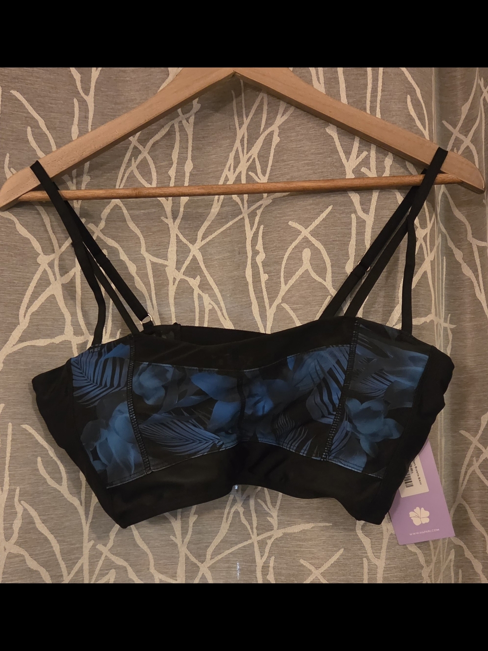 Hapari Black Bikini Top with Blue Floral Panels. Size L NWT